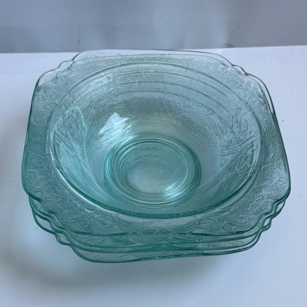 Vintage Depression Glass Recollection Madrid Teal Cereal Salad Bowl Set of‎ 4